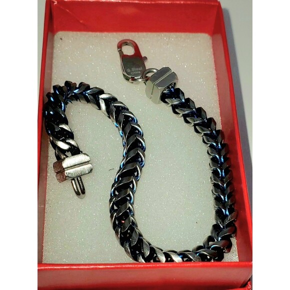 Stainless Steel Blue & Silver Link Bracelet 8" Unisex Lobster Clasp Gift - Picture 2 of 11